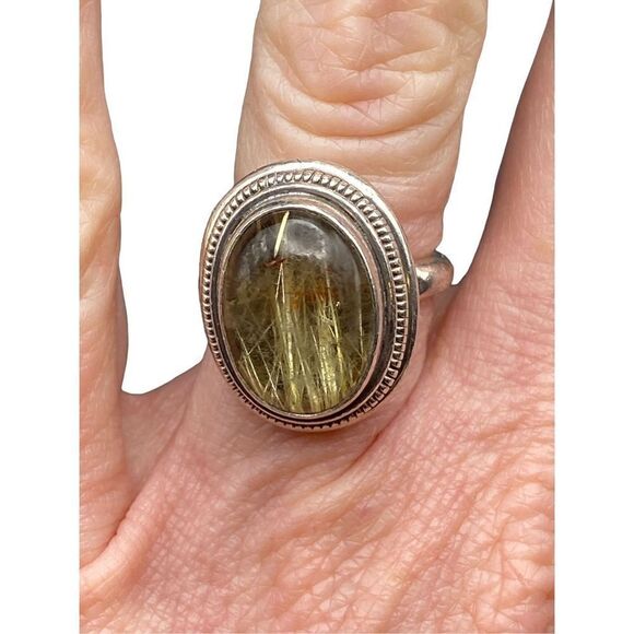 Sterling Silver 925 Oval Rutilated Quartz Ring rope detail size 5.5 - Picture 1 of 8